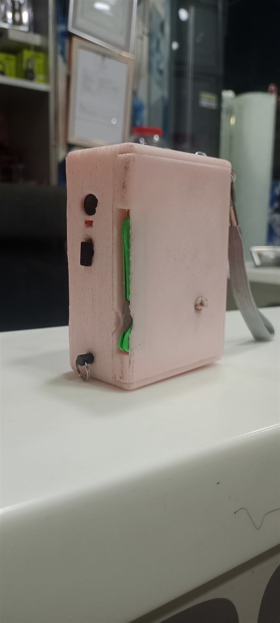 NariGuard 3D-printed personal safety device with power switch, indicator LED, keyring and wrist strap