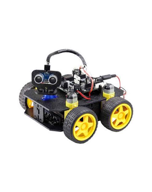 Obstacle avoiding car on a 4WD chassis with a servo-mounted ultrasonic sensor and motor driver